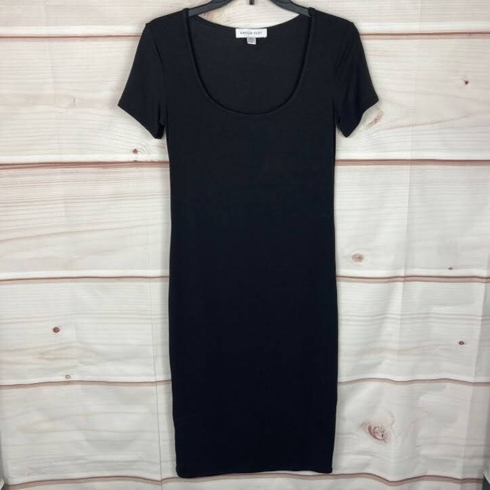Amour Vert Dress Womens XS Black Scoop Neck Knit T-Shirt Midi Short Sleeve Solid